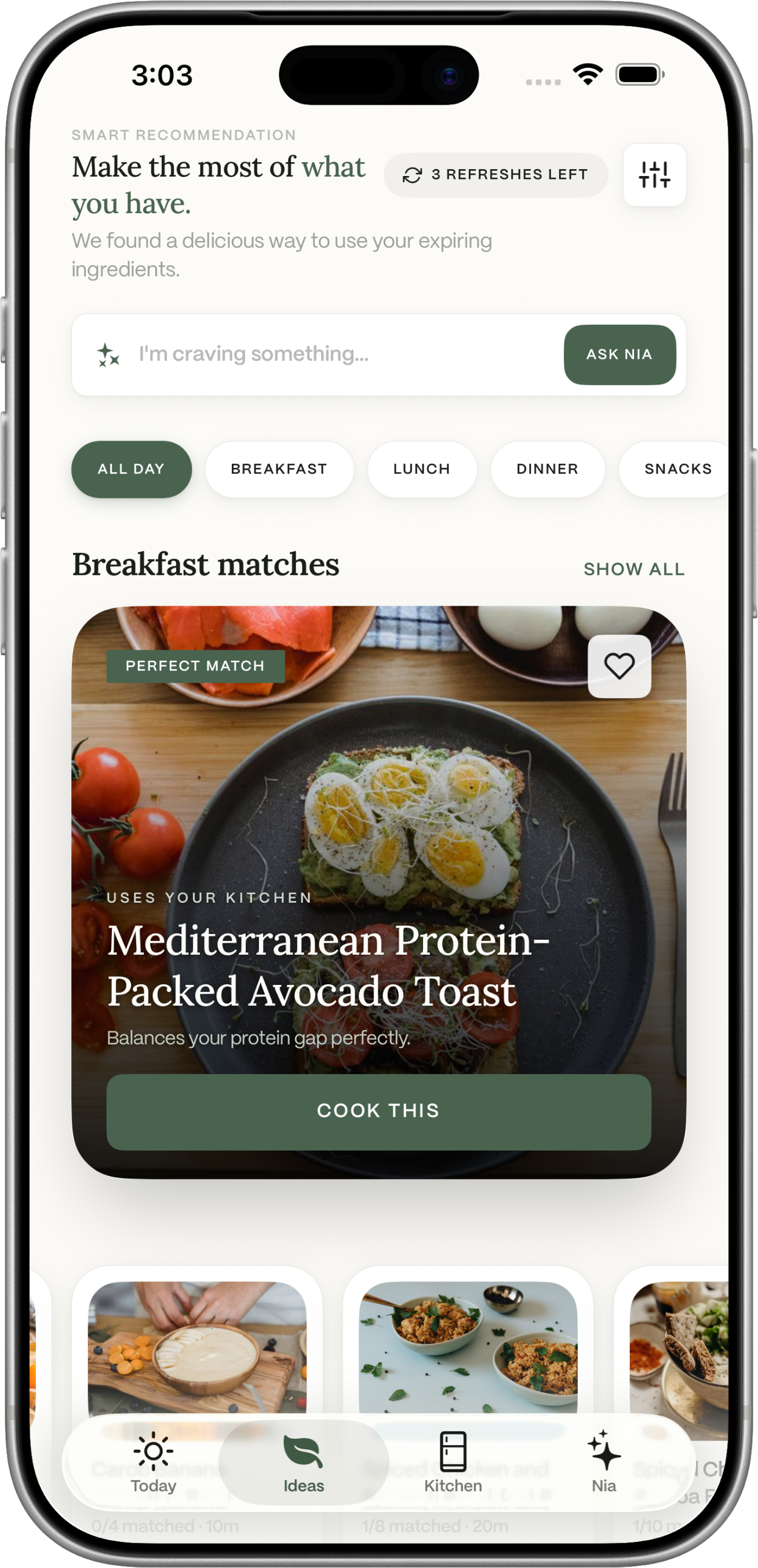 Dietrack Ideas: a meal chosen from the kitchen, with a Cook this button.