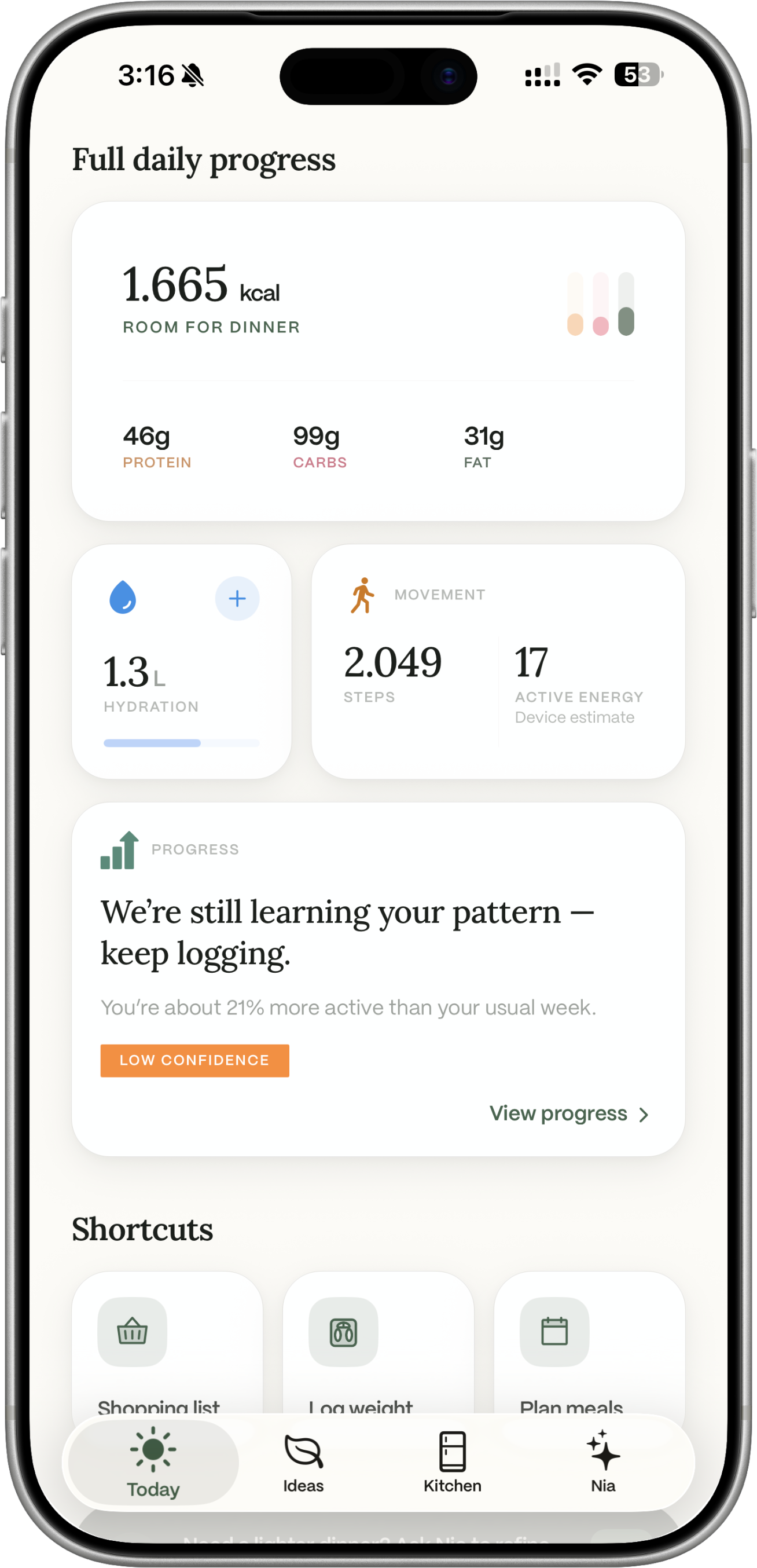 Dietrack full daily progress after logging: remaining calories, protein, carbs, and fat.