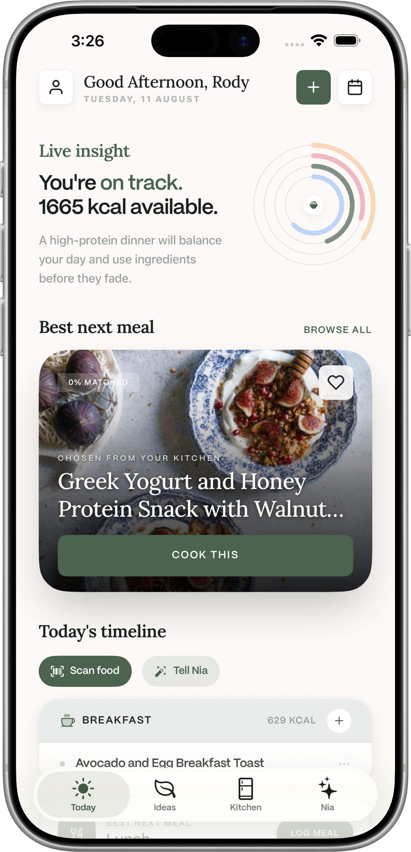 Dietrack Today: log a meal from the timeline, with calories left.