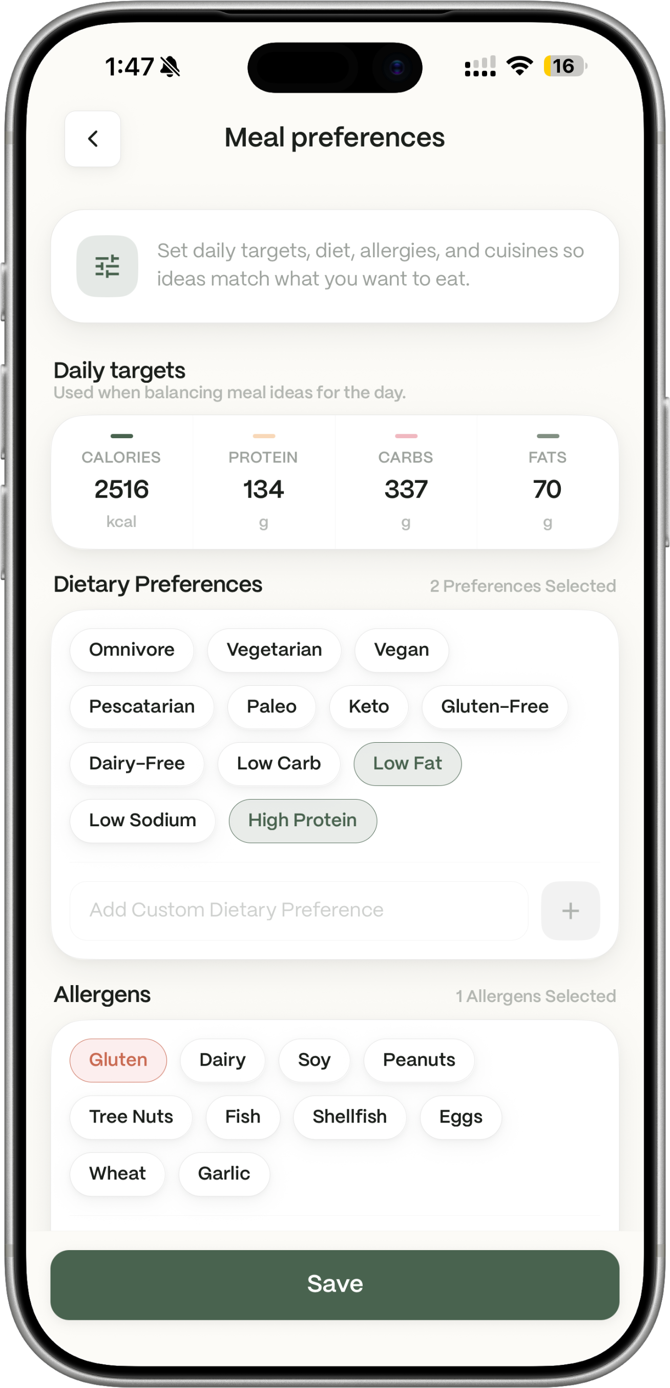 Dietrack meal preferences: daily calorie and macro targets, diet, and allergens.