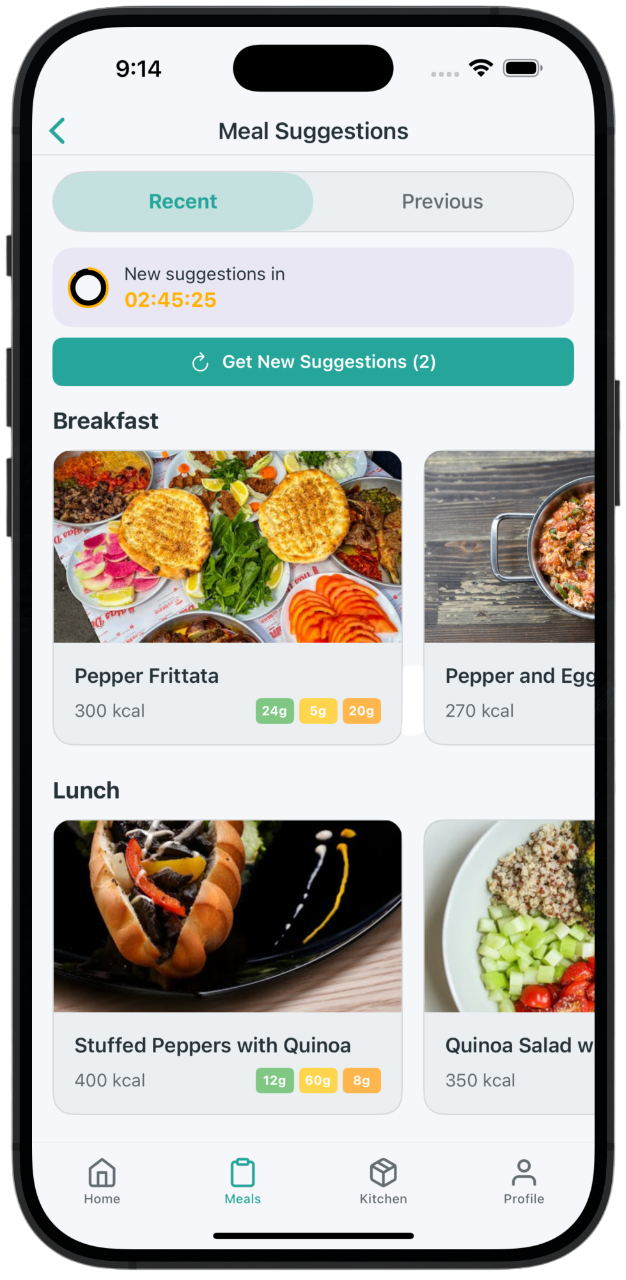 Get Meal Plans - Dietrack feature showing receive personalized meal suggestions based on your inventory and preferences