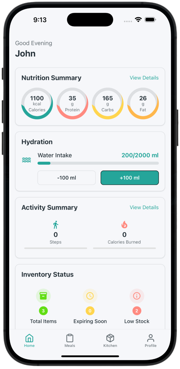 Dietrack nutrition dashboard showing daily calorie tracking, macro breakdown, and personalized health goals
