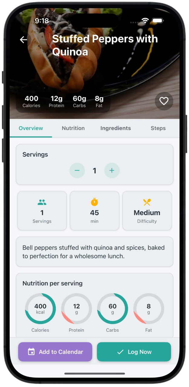 Dietrack AI-generated recipe with detailed nutritional information and step-by-step cooking instructions