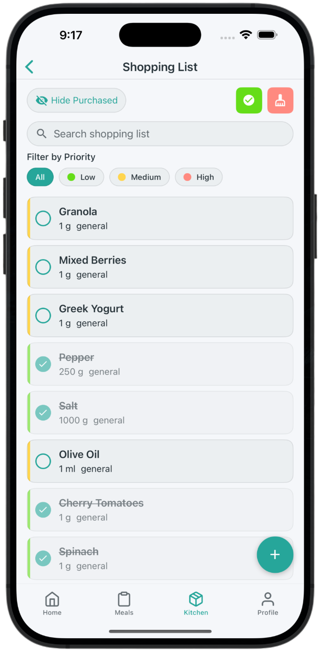 Shopping List - Dietrack feature showing create and manage shopping lists based on your meal plans and inventory needs